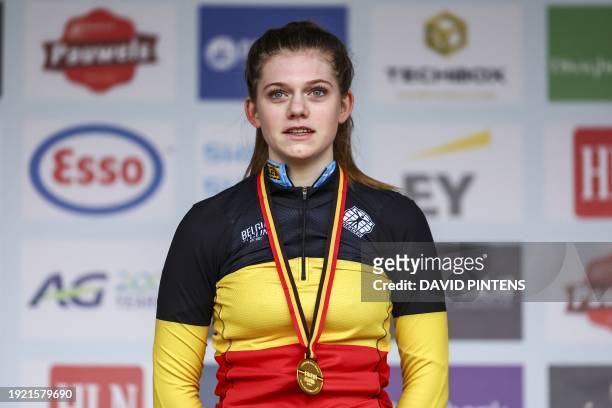 Belgian Ilken Seynave , winner of the gold medal pictured on the podium of the junior women race at the Belgian Championships cyclocross cycling in...