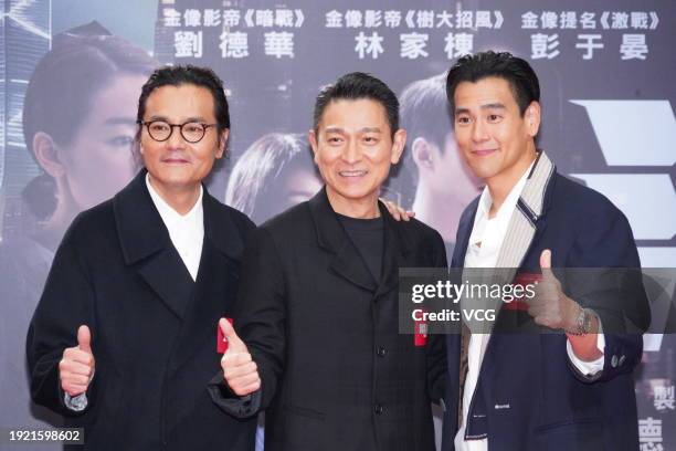 Actor Gordon Lam Ka-tung, actor Andy Lau Tak-wah and actor Eddie Peng Yu-Yan attend the charity premiere of the film "I Did It My Way" on January 9,...