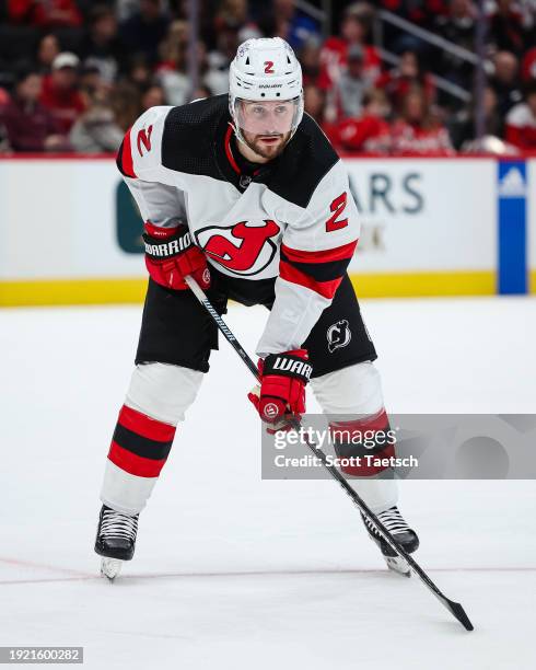 Brendan Smith of the New Jersey Devils lines up against the Washington Capitals during the first period of the game at Capital One Arena on January...