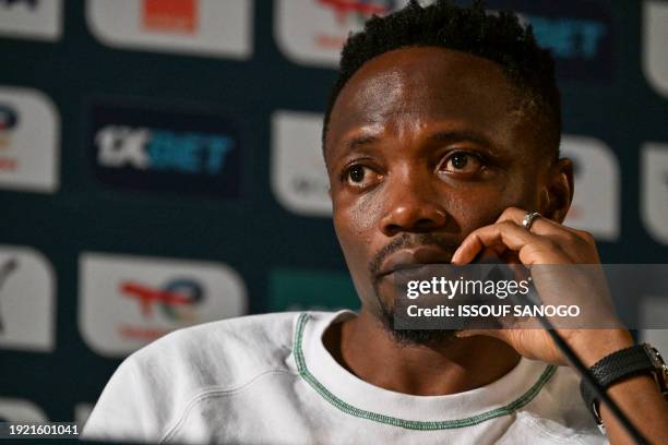 Nigeria's forward Ahmed Musa attends a press conference at the Palais de la Culture in Abidjan on January 13, 2024 on th eve of the Africa Cup of...