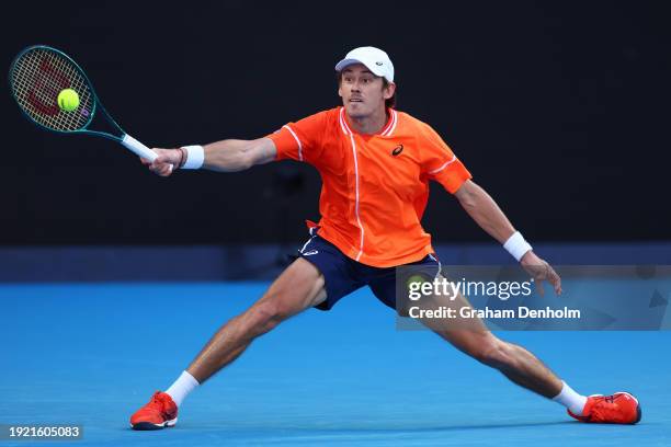 Alex de Minaur of Australia plays a forehand during a charity match against ahead of the 2024 Australian Open at Melbourne Park on January 10, 2024...