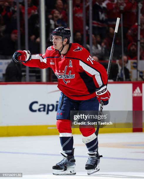 John Carlson of the Washington Capitals reacts after scoring a goal against the New Jersey Devils during the second period of the game at Capital One...