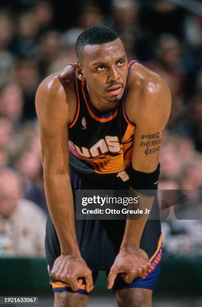 Anfernee Hardaway, Shooting Guard, Point Guard, and Small Forward for the Phoenix Suns looks on during the NBA Pacific Division basketball game...