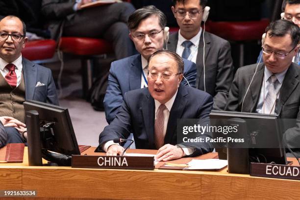 Ambassador Zhang Jun speaks during Security Council meeting on the situation in the Middle East at UN Headquarters. The Security Council discussed...
