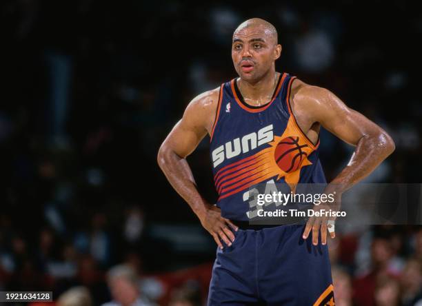 Charles Barkley, Power Forward and Small Forward for the Phoenix Suns looks on with hands on hips during the NBA Midwest Division basketball game...