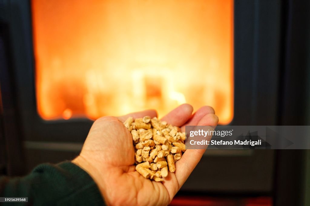 Biomass stove, pellets in hand