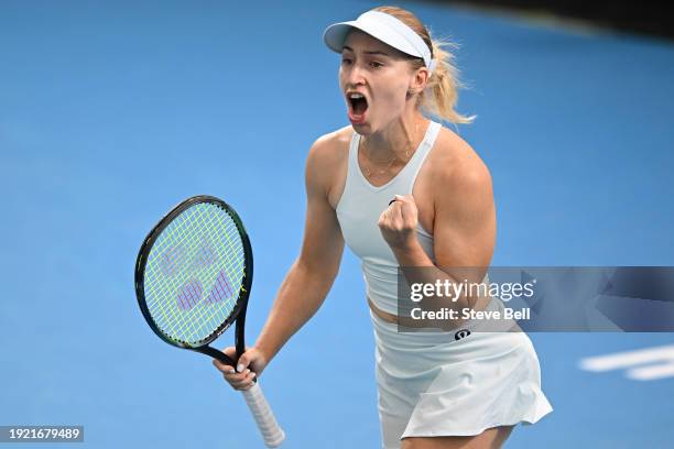 Daria Saville of Australia celebrates winning her match against Sofia Kenin of USA during day three of the 2024 Hobart International at Domain Tennis...