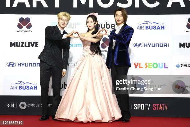 Haechan of NCT dream, Seeun of STAYC and singer Leeteuk attend the Circle Chart Music Awards 2024 on January 10, 2024 in Busan, South Korea.