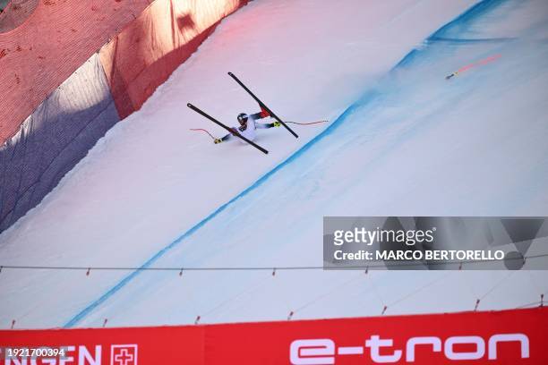 Norway's Aleksander Aamodt Kilde crashes during the Downhill of the FIS Alpine Skiing Men's World Cup event in Wengen on January 13, 2024.