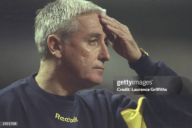 Portrait of Roy Evans, the Liverpool manager, watching his side during the FA Carling Premiership match against Bolton Wanderers at the Reebok...