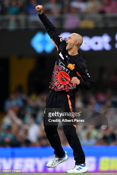 Ashton Agar of the Scorchers celebrates dismissing Paul Walter of the Heat during the BBL match between the Brisbane Heat and the Perth Scorchers at...