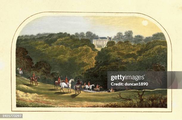 horse riding, fox hunting, english woodland, country house, england, 1880s, 19th century - english culture stock illustrations