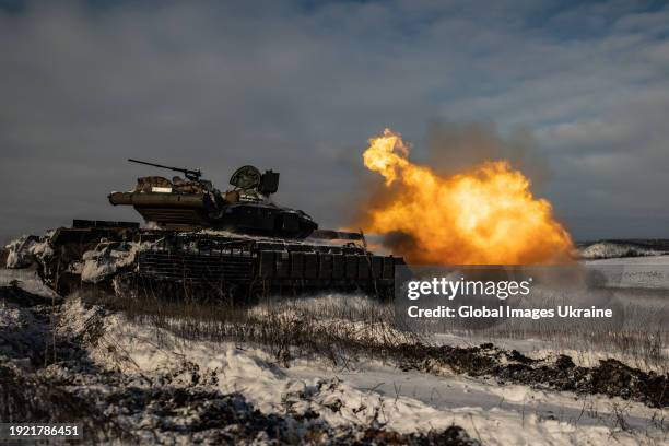 Ukrainian tank crews T64 battle tank fires on the Russian troops position on January 9, 2024 in Donetsk Oblast, Ukraine. The crew of the Ukrainian...