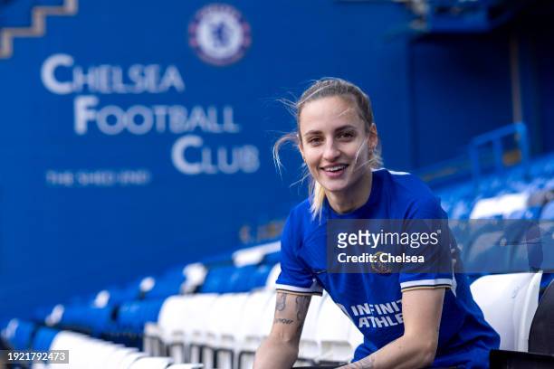 New Signing Nathalie Bjorn poses for pictures as she signs for Chelsea FC at Stamford Bridge on January 10, 2024 in London, England.
