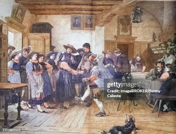 starting to dance in a village inn, austria, ca. 1885, historical, digitally restored reproduction from a 19th century original, starting to dance in a village inn, austria, historical, digitally restored reproduction from a 19th century original, europe - colouring stock illustrations
