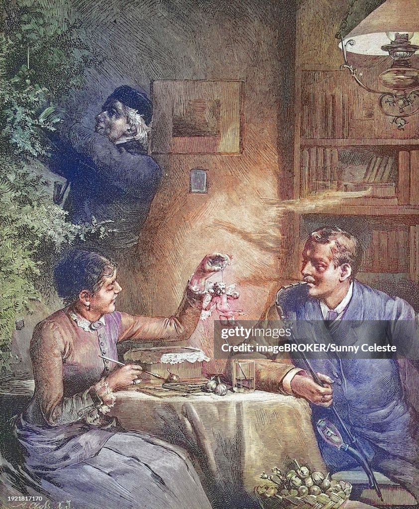 Couple preparing for Christmas Eve, the woman painting Christmas tree decorations, angel, man smoking a pipe, at home, Germany, around 1885, Historic, digitally restored reproduction from a 19th century original, Couple preparing for Christmas Eve, the