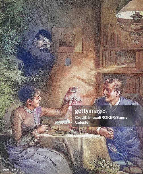 couple preparing for christmas eve, the woman painting christmas tree decorations, angel, man smoking a pipe, at home, germany, around 1885, historic, digitally restored reproduction from a 19th century original, couple preparing for christmas eve, the - christmas colouring stock illustrations