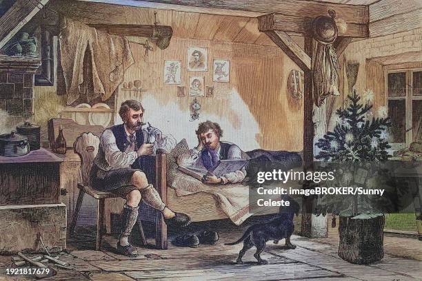 hunter's christmas in the high mountains, one man lying on a bed and reading a book, the other sitting on a chair and smoking a pipe, jaegerzimmer, austria, around 1885, historical, digitally restored reproduction from a 19th century original, hunter's - christmas colouring stock illustrations