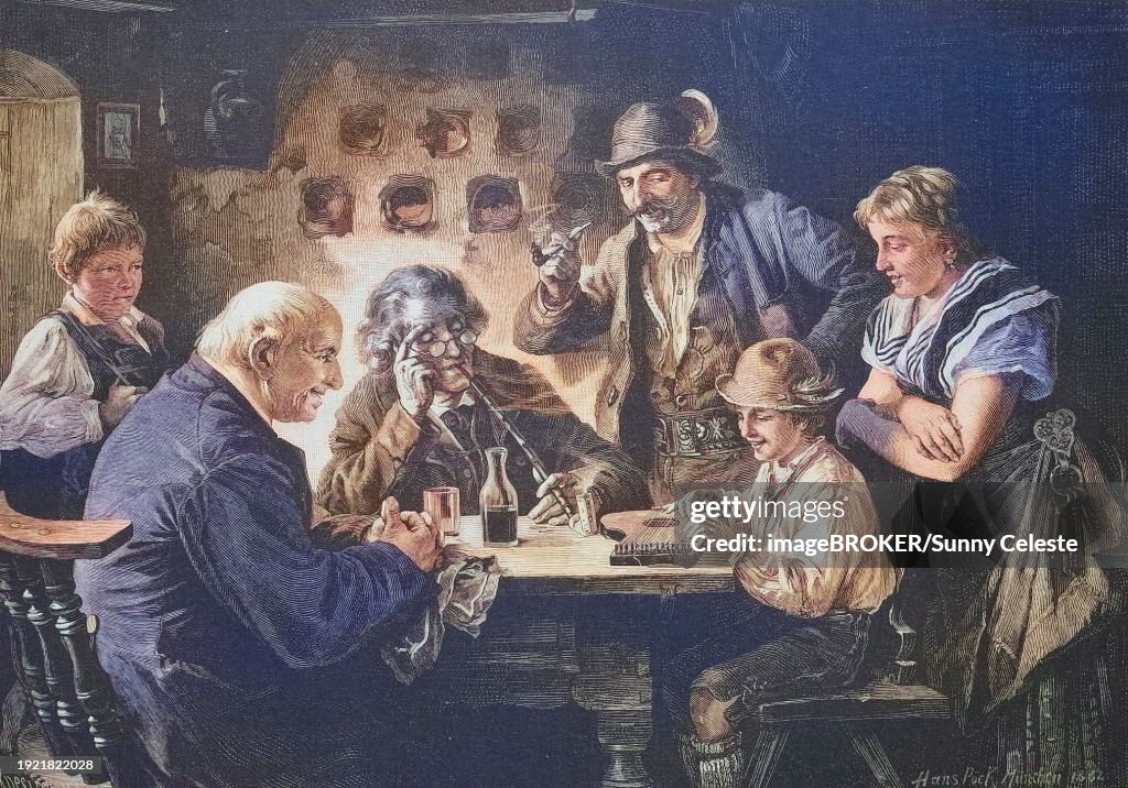 Child learning to play the zither, the family watching, smoking a pipe, living room, Bavaria, Germany, around 1885, Historical, digitally restored reproduction from a 19th century original, Child learning to play the zither, the family watching, smoking a