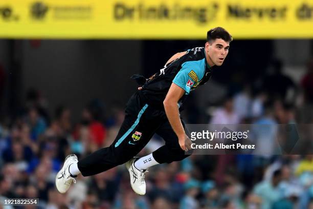 Xavier Bartlett of the Heat bowls during the BBL match between the Brisbane Heat and the Perth Scorchers at The Gabba, on January 10 in Brisbane,...