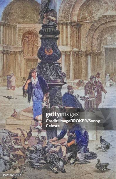 Children Feeding Pigeons In St Marks Square In Venice Italy Around 1885 Historical Digitally Restored Reproduction From A 19th Century Original Children Feeding Pigeons In St Marks Square In Venice Italy Around 1885 Historical Digitally High-Res Vector Graphic