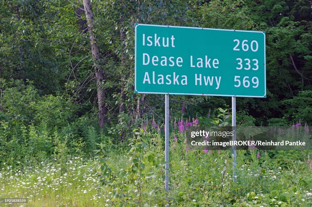 Huge distances between small towns, forest and distance sign, wilderness, Iskut, Stewart, Stewart Cassiar Highway, British Columbia, Canada, North America