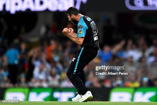 Michael Neser of the Heat celebrates dismissing Zak Crawley of the Scorchers during the BBL match between the Brisbane Heat and the Perth Scorchers...