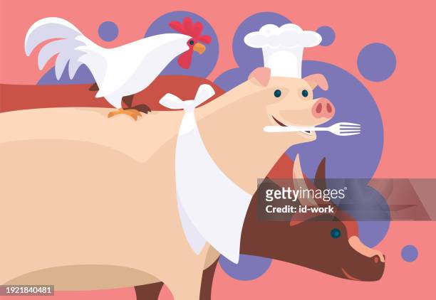 chef pig holding fork with rooster and cow - pet clothing stock illustrations