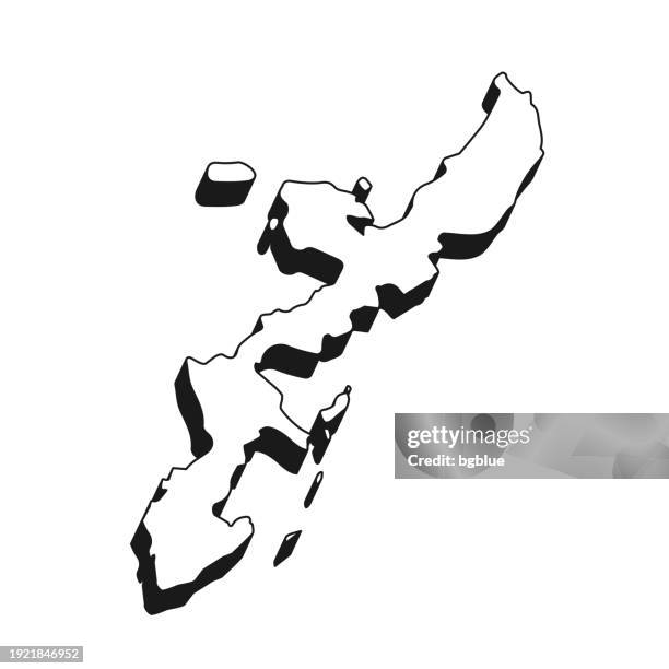 karte der insel okinawa mit schwarzem umriss und schatten auf weißem hintergrund - okinawa prefecture stock-grafiken, -clipart, -cartoons und -symbole