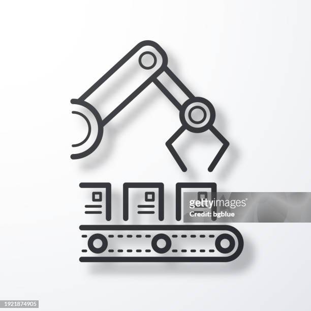 robotic arm on production line. line icon with shadow on white background - robotic process automation stock illustrations