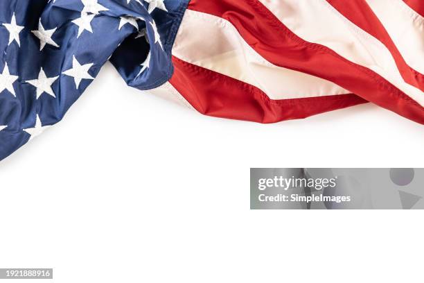 american flag for memorial day, 4th of july or labour day isolated on white background. - bandeira dos estados unidos da américa imagens e fotografias de stock