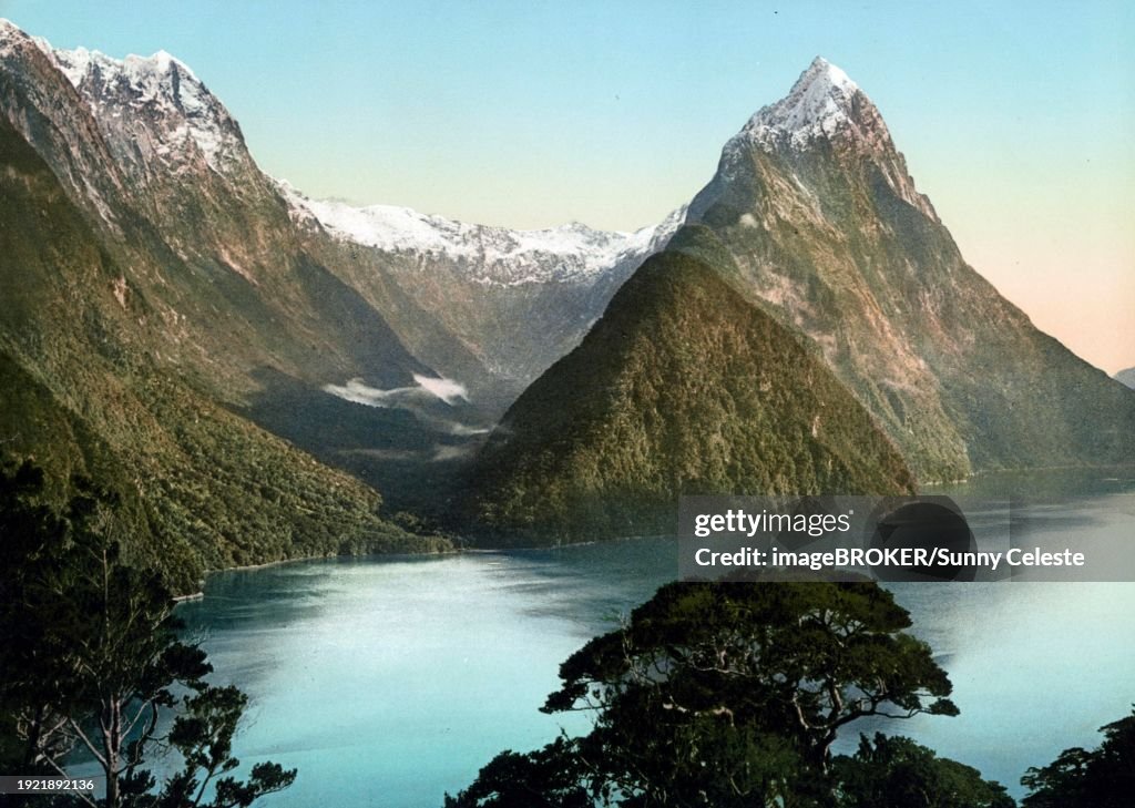 The Mitre Peak, Milford Sound, New Zealand, 1890, Historic, digitally restored reproduction from a 19th century original, The Mitre Peak, New Zealand, Historic, digitally restored reproduction from a 19th century original, Oceania