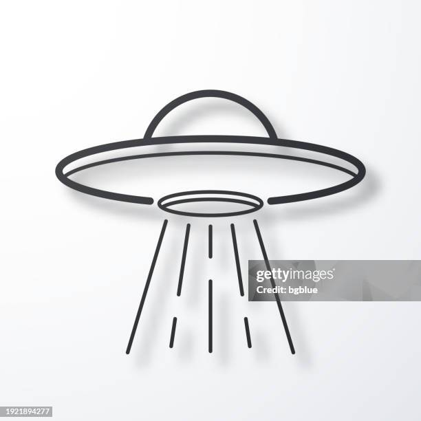 ufo - flying saucer with light beam. line icon with shadow on white background - space shuttle white background stock illustrations