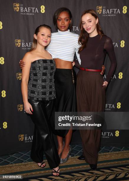 Nominees Mia McKenna-Bruce, Sophie Wilde and Phoebe Dynevor attend the EE BAFTA Rising Star 2024 Nominations Announcement at The Savoy Hotel on...