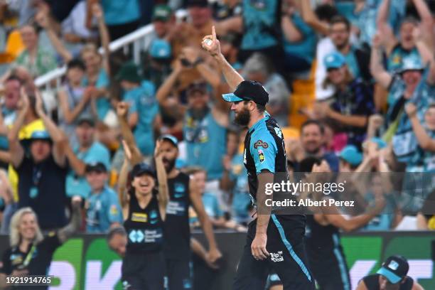 Michael Neser of the Heat celebrates catching out Josh Inglis of the Scorchers during the BBL match between the Brisbane Heat and the Perth Scorchers...