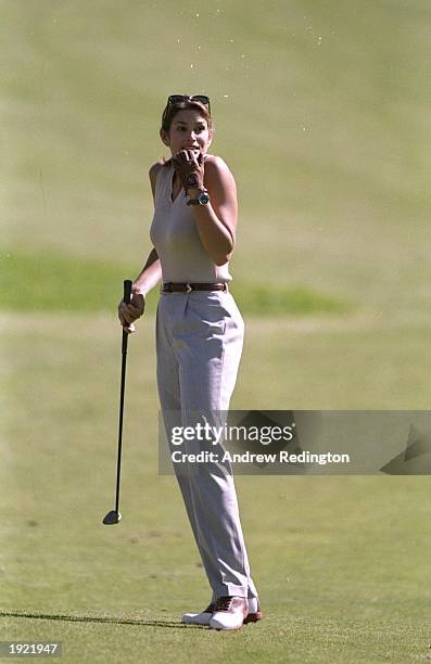 Supermodel Cindy Crawford of the USA in action during the Canon European Masters at the Crans Sur Sierre Golf Club in Switzerland. \ Mandatory...