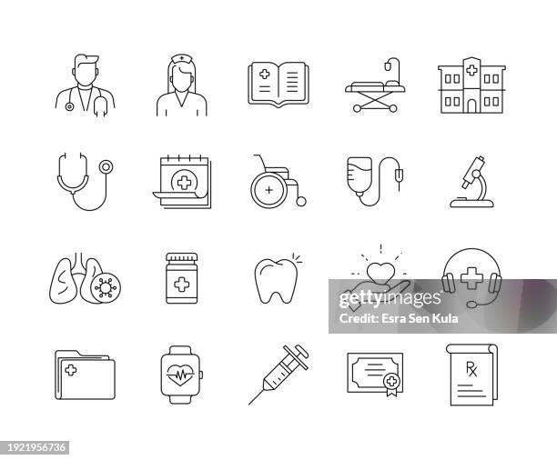 illustrazioni stock, clip art, cartoni animati e icone di tendenza di set di icone della linea medica con tratto modificabile - personale medico