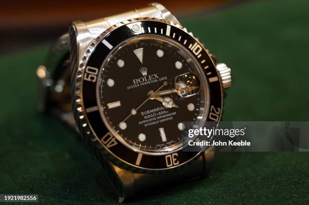 Second hand Rolex Oyster Perpetual Submariner Date watch is displayed for sale on January 08, 2024 in Leigh-on-Sea, United Kingdom.