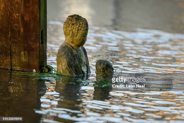 Submerged garden ornaments are seen as the impact of flooding continues to impact the lives of those living on the banks of the River Thames, on...