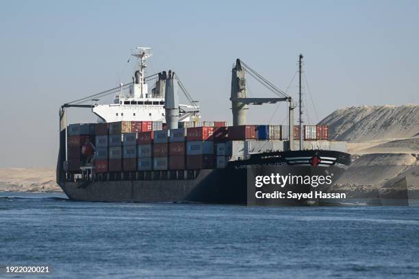 Ship transits the Suez Canal towards the Red Sea on January 10, 2024 in Ismailia, Egypt. In the wake of Israel's war on Gaza after the October 7...