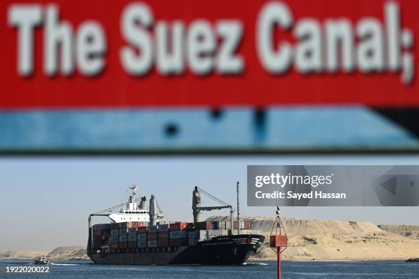 Ship transits the Suez Canal towards the Red Sea on January 10, 2024 in Ismailia, Egypt. In the wake of Israel's war on Gaza after the October 7...