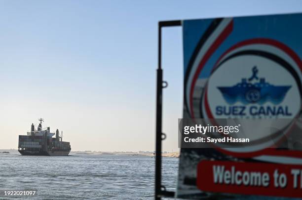 Ship transits the Suez Canal towards the Red Sea on January 10, 2024 in Ismailia, Egypt. In the wake of Israel's war on Gaza after the October 7...