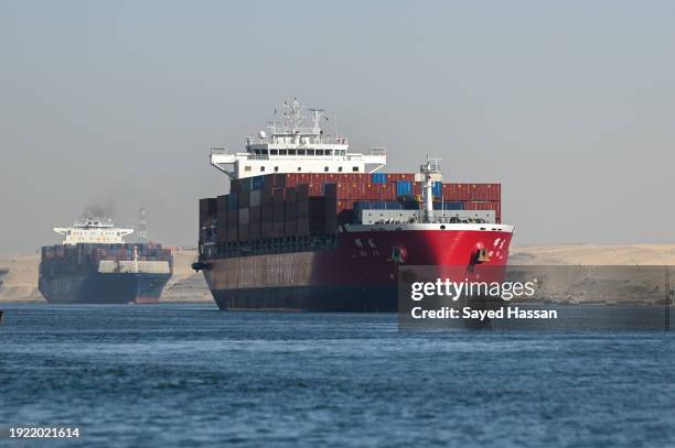 Ship transits the Suez Canal towards the Red Sea on January 10, 2024 in Ismailia, Egypt. In the wake of Israel's war on Gaza after the October 7...