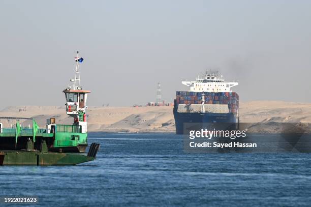 Ship transits the Suez Canal towards the Red Sea on January 10, 2024 in Ismailia, Egypt. In the wake of Israel's war on Gaza after the October 7...