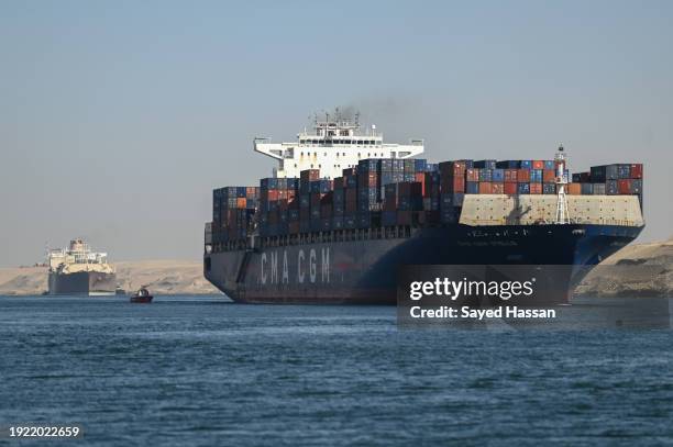 Ship transits the Suez Canal towards the Red Sea on January 10, 2024 in Ismailia, Egypt. In the wake of Israel's war on Gaza after the October 7...