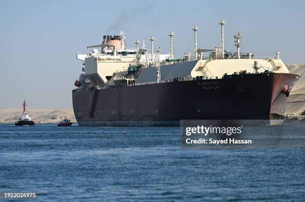 Ship transits the Suez Canal towards the Red Sea on January 10, 2024 in Ismailia, Egypt. In the wake of Israel's war on Gaza after the October 7...