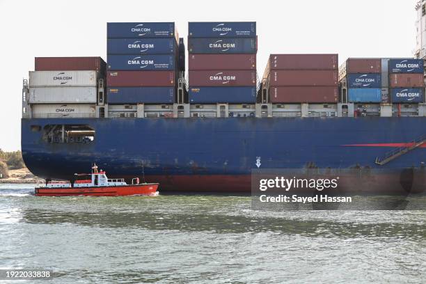 Ship transits the Suez Canal towards the Red Sea on January 10, 2024 in Ismailia, Egypt. In the wake of Israel's war on Gaza after the October 7...