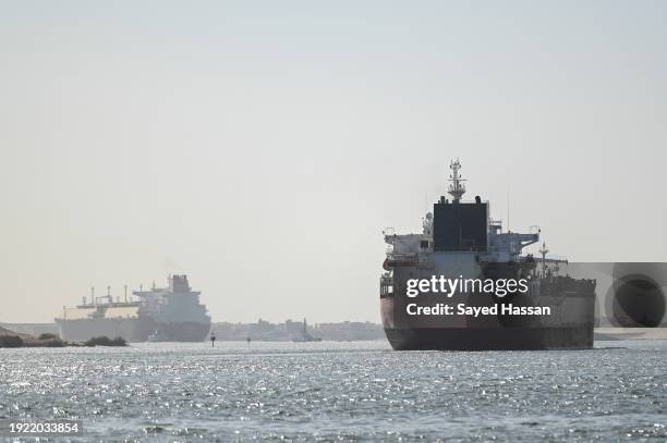 Ship transits the Suez Canal towards the Red Sea on January 10, 2024 in Ismailia, Egypt. In the wake of Israel's war on Gaza after the October 7...