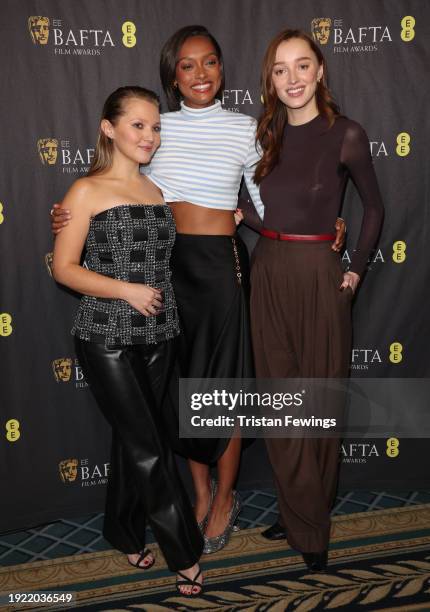 Nominees Mia McKenna-Bruce, Sophie Wilde and Phoebe Dynevor attend the EE BAFTA Rising Star 2024 Nominations Announcement at The Savoy Hotel on...