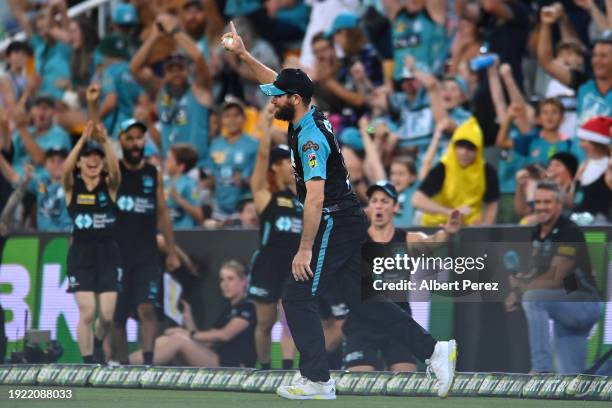 Michael Neser of the Heat celebrates catching out Josh Inglis of the Scorchers during the BBL match between the Brisbane Heat and the Perth Scorchers...